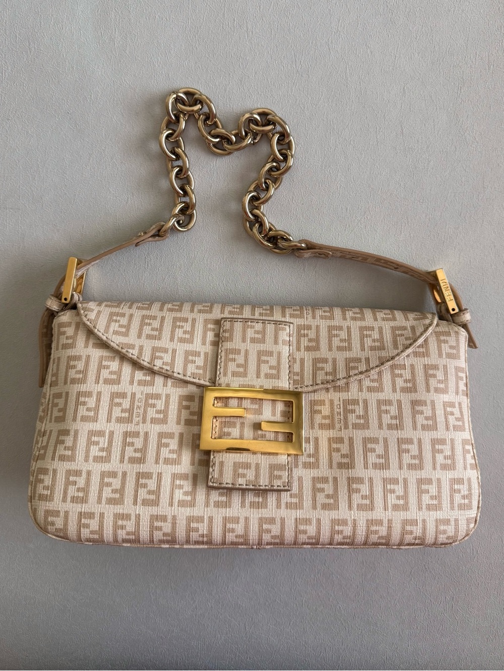 Fendi Beige Baguette with Gold Chain